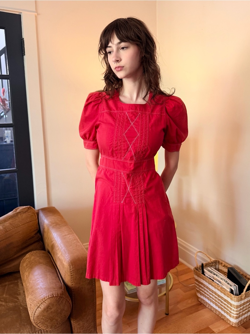 Miu Miu Red Puff-Sleeve Mini Dress